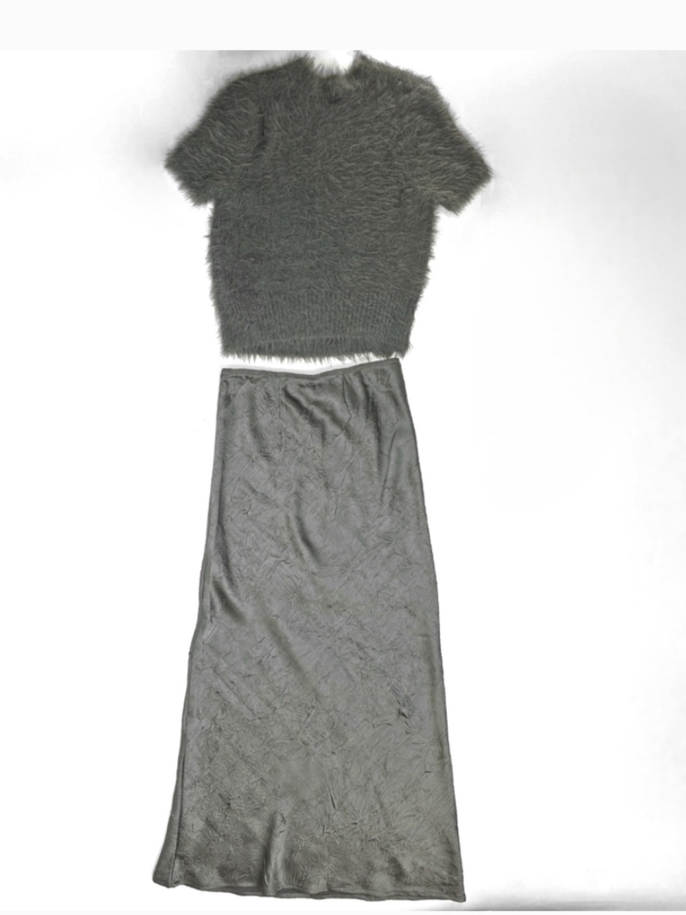 1230. FREE PEOPLE Alexandra Crushed Satin Maxi Skirt Set in Gravel Rock NWT $168 - Picture 5 of 8